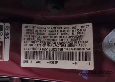 2008 Honda Civic Lx from USA, damaged, VIN 1HGFA16518L026490